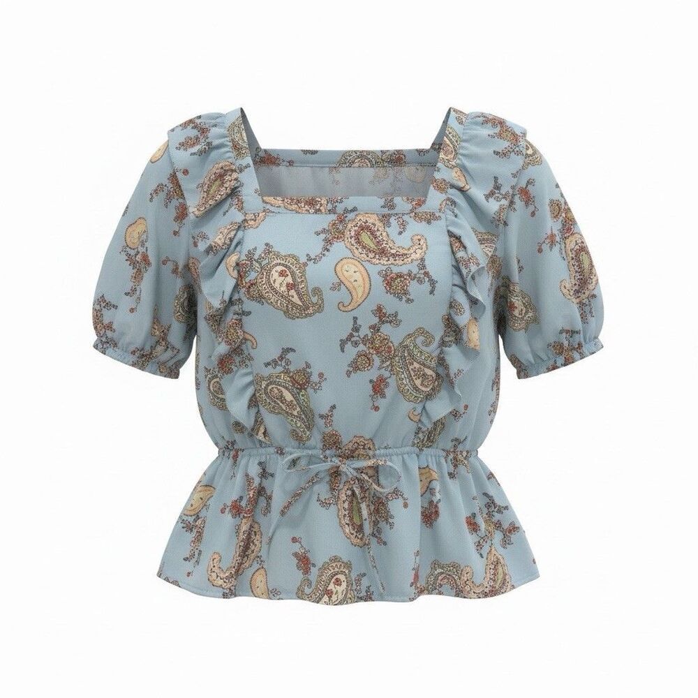 Eclair Sky Blue Paisley Print Ruffle Women's Boho Top Lightweight Size XL